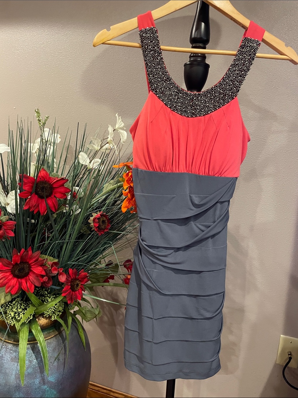 City Studio Coral & Gray Beaded-Neck Sheath